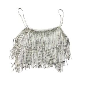 Blue B Collection Large Western Diamond Fringe Rhinestone Camisole Top White NEW